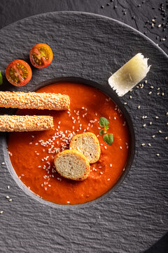 Exquisite and tasty tomato soup in exclusive restaurant.