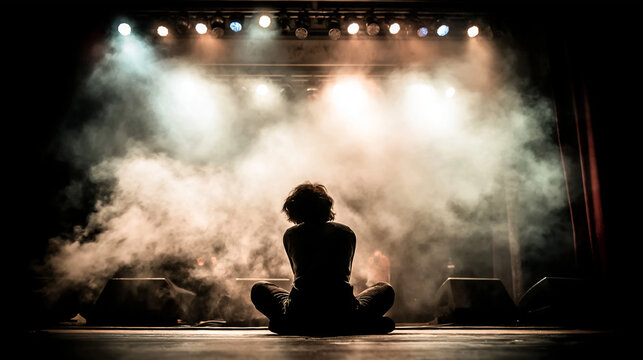 Silhouette of a person sitting alone on a dark empty stage with bright spotlights and thick smoke