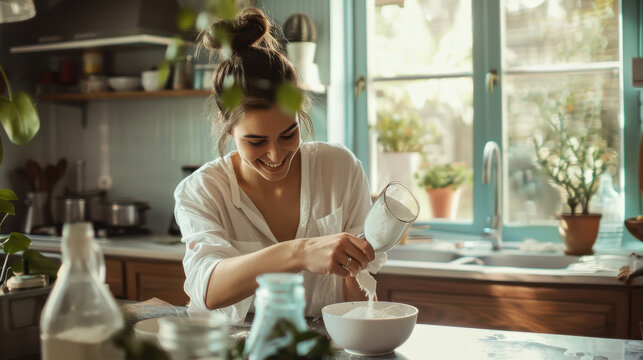 young beautiful woman pouring powder in the bowl