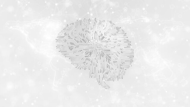 Clean AI circuit mind background white brain outline, subtle world map, and soft connected dots. healthcare videos, machine learning explainers, science presentations, innovation promos, and overlays.