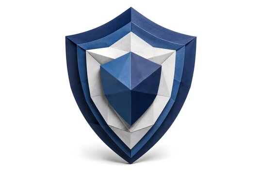 Premium 3D Origami Security Shield with Lock Inspired Geometry Isolated on White Background