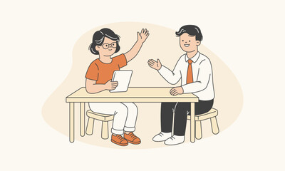 Fototapeta premium Woman Raising her Hand while Holding Tablet to Ask for Help Colleague Representing Confidence Vector