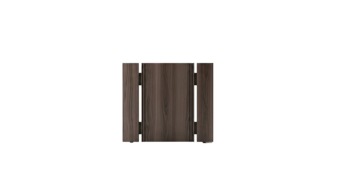 Modern wooden outdoor bench with slatted seat and backrest, isolated on transparent background