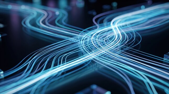 Abstract futuristic blue glowing data stream lines flowing on dark background, representing high speed internet connection, artificial intelligence network, big data transfer an...