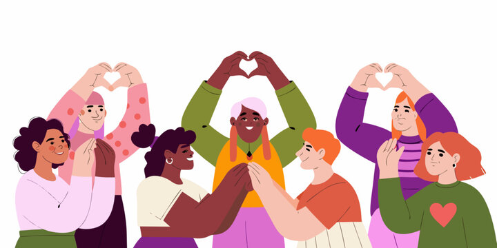 Diverse group of people forming heart shapes colorful vector illustration