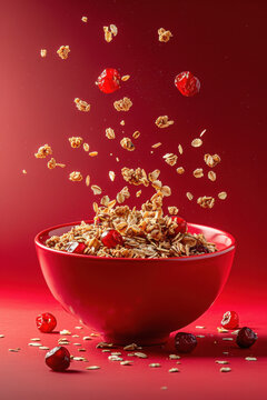 granola and red fruits falling in a red bowl