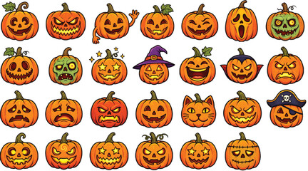 Obraz premium Jack-o'-Lantern Expressions Set Halloween Vector Character Collection Isolated on Transparent Background