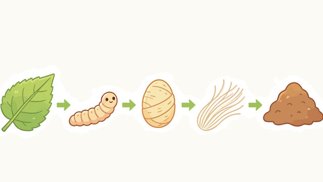 Educational Illustration of Silkworm Lifecycle: From Mulberry Leaves and Caterpillar to Cocoon