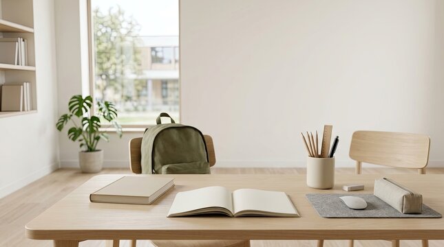 Back-to-school study setup desk with backpack, notebooks, and supplies for students