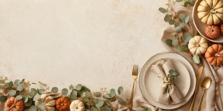 Elegant thanksgiving table setting with pumpkins autumn leaves and rustic decor for fall harvest celebrations