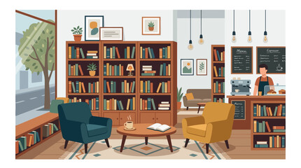 Cozy book cafe interior with armchairs, bookshelves and coffee counter. © Iffa