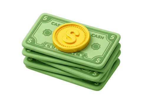 3d illustration of a stack of five dollar bills with a golden coin isolated on transparent background
