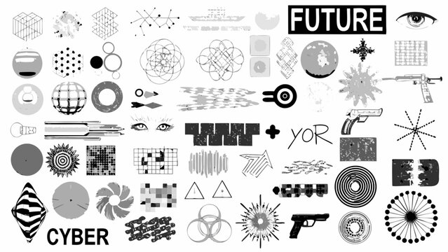 Assorted Geometric Shapes And Cybernetic Objects A Black And White Vector Illustration Collection abstract algorithmic design angular