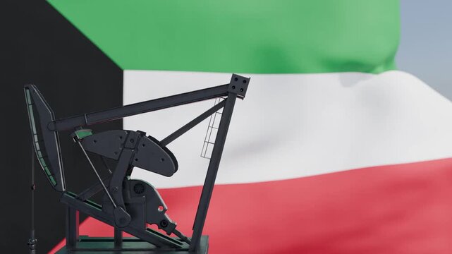Oil Pump Jack Silhouette with Kuwait Flag Background &ndash; Oil Industry Animation