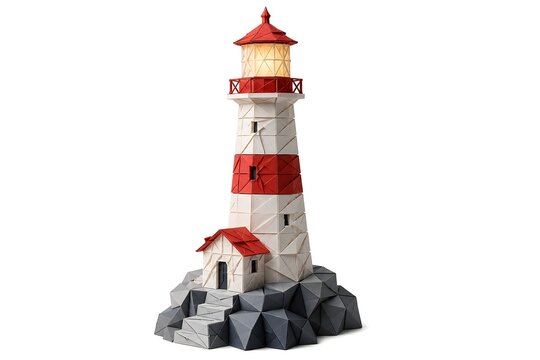 Premium 3D Origami Lighthouse with Architectural Paper Design Isolated on White Background