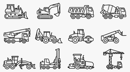 Elegant Black and White Line Drawing Set of 12 Construction and Heavy Machinery Vehicles Icon Collection © Rizki