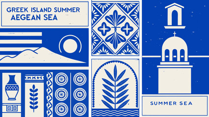Aegean sea tile pattern with stylized architectural and botanical elements in deep blue hues architecture art building © Sarathi