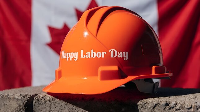 Orange hard hat for Labor Day. Construction safety helmet with Canadian flag background.