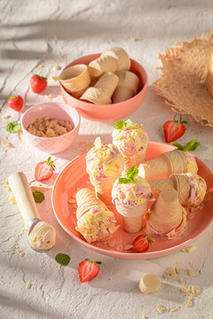 Tasty and sweet strawberry ice cream for hot summer day.