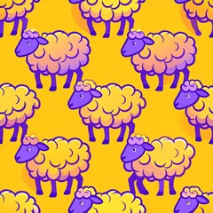 Obraz premium Fluffy Cute Sheep Character Seamless Pattern Vector on Bright Yellow Background