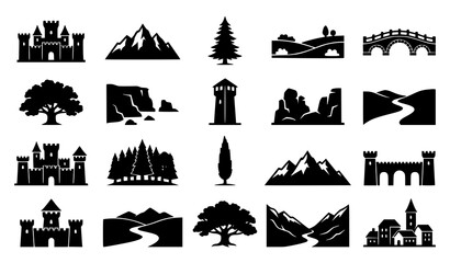 Obraz premium Castle Tree Mountain and Rolling Hill Black Silhouette Vector Icon Set