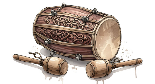 Traditional Indonesian wooden drum with ornate carvings and two wooden mallets illustration