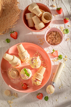 Sweet and delicious strawberry ice cream as refreshment in summer.
