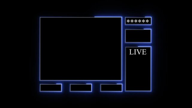 Streaming overlay grids frame live content creators with blue neon accents. Online video broadcasting platforms gain a highly stylized streaming graphic layout look. Streaming boxes glow neon.