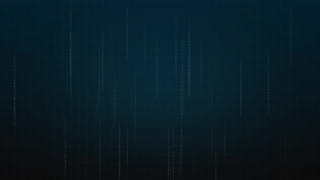Dark blue grid background panels display falling digital numbers and code columns. Advanced data encryption work flows look highly immersible across this grid matrix layout. Grid matrices cascade.