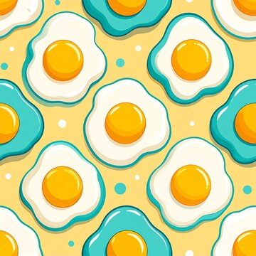 Fried Eggs Breakfast Vector Seamless Pattern Background on Yellow and Turquoise