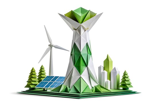 Premium 3D Origami Energy Tower with Geometric Engineering Design Isolated on White Background