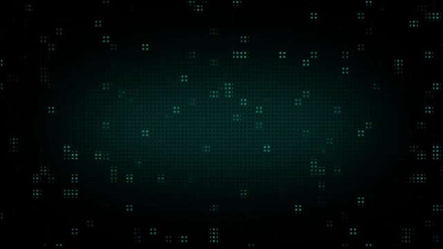 Dark teal background matrices scatter random dots and grid lines smoothly. Medical diagnostic monitor screens achieve a premium technological background layout look. Background matrices loop.