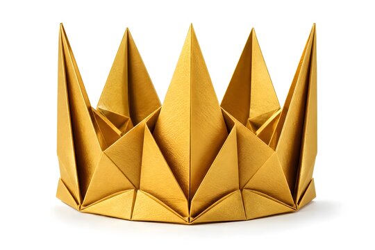 Luxury Handcrafted 3D Origami Crown with Geometric Elegance Isolated on White Background