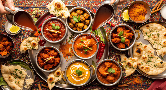 Indian feast table spread with curry dishes, naan bread, spices and sauce pouring
