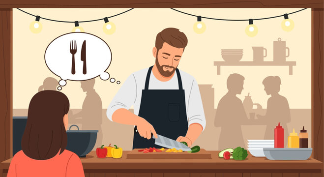 Chef preparing food, customer thinking about meal, restaurant kitchen scene