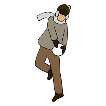 Christmas Winter Vector Illustration Of Woman Holding Snowball, Person Preparing To Throw While Playing Outdoors In Snow, Holiday Activity Cartoon Isolated On White Background For New Year Design