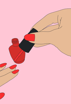 Vector Illustration of a Woman's Hand Applying Nail Polish Flowing from the Bottle. Isolated on Pink Background. Concept for Beauty Salon Marketing, Poster, Flyer, Social Media Template