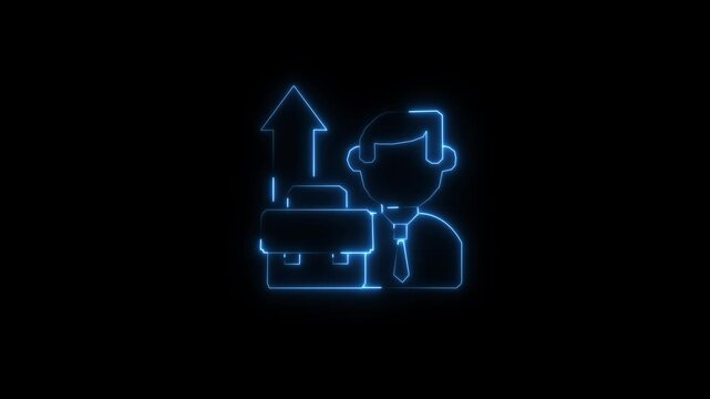 Businessman icon graphics illuminate a dark interface alongside upward trending arrows. Financial investment software modules incorporate this businessman layout template. Businessman nodes glow.