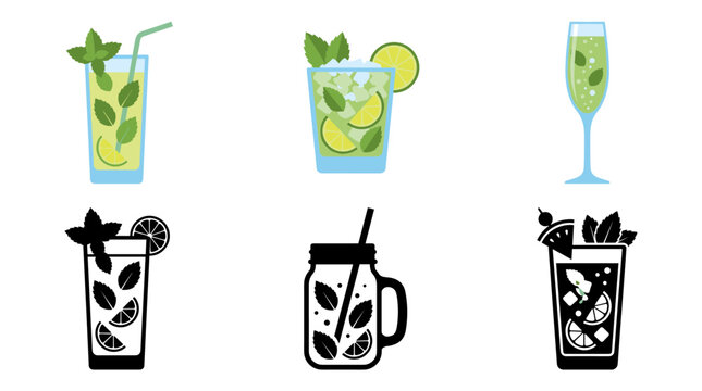Professional vector collection featuring different natural mojito drinks, virgin mojito with mint leaves, lime mojito with crushed ice, sparkling mojito in tall glass, refreshing mint lime cooler