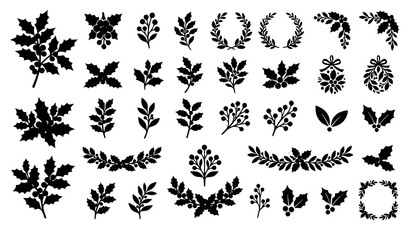 Fototapeta premium Festive Holly Leaves and Berries Botanical Vector Collection for Christmas Designs