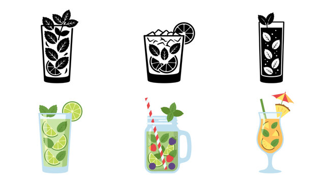 Set of vector collection featuring different natural mojito drinks, virgin mojito with mint leaves, lime mojito with crushed ice, sparkling mojito in tall glass, refreshing mint lime cooler