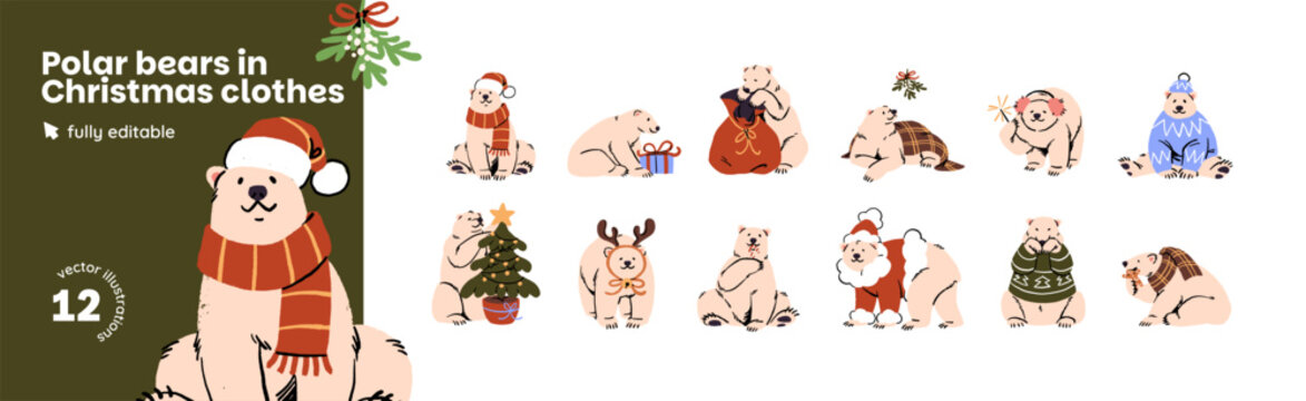 Polar bear in Christmas clothes set. Cute animal in Santa Claus costume decorates Xmas tree. Northern character celebrates New Year and winter holidays. Flat isolated vector illustrations in white