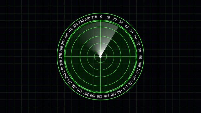 Green radar screens track tactical targeting parameters over a coordinate grid. Submarine navigation training courses gain technical authenticity from this radar monitor. Radar sweeps loop fast.