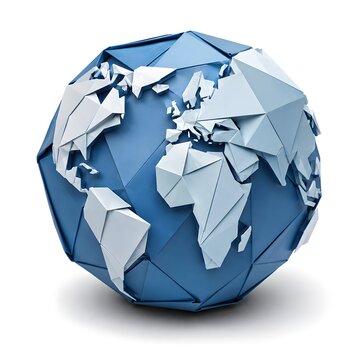 Folded Origami Globe with Interconnected Paper Continents Isolated on White Background