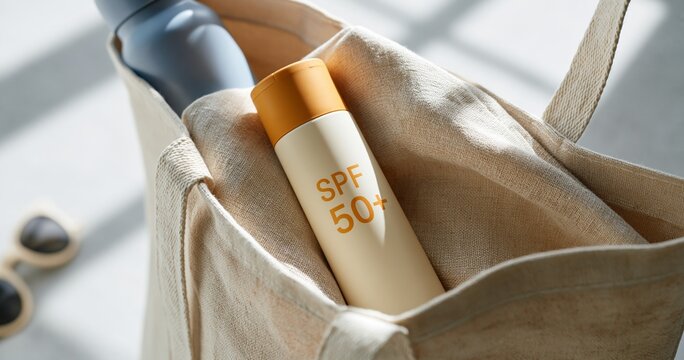 Sunscreen bottle in canvas tote bag