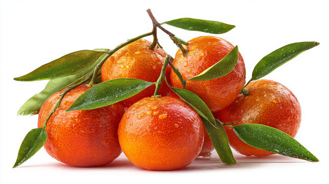 Pile of juicy mandarins with fresh green leaves, natural composition, white background, high detail.