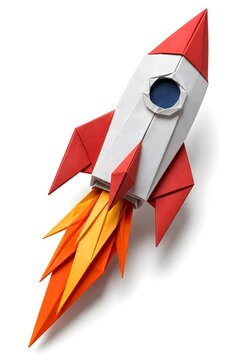 Origami Rocket Ship with Paper Flame Trail Isolated on White Background