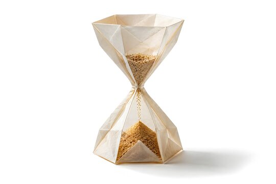 Origami Hourglass with Folded Paper Sand Grains Isolated on White Background
