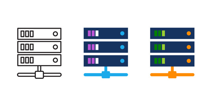 Server rack icon set, Editable stroke, network storage symbol, with data center solid vector