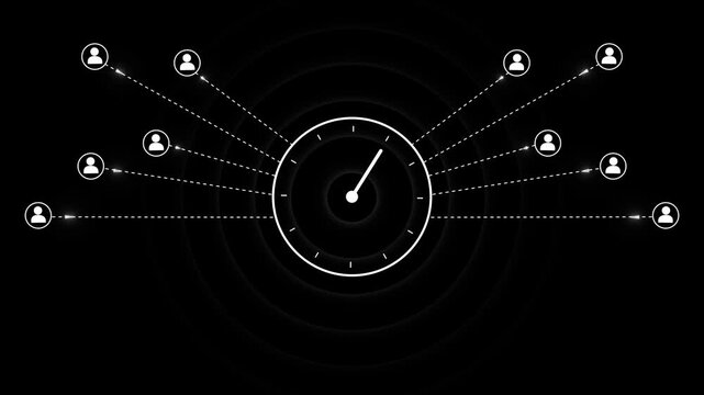 Clock interface layouts link scattered team user icons together with lines. Remote workforce coordination platforms optimize scheduling via this clock tracking graphic. Clock dials spin around.